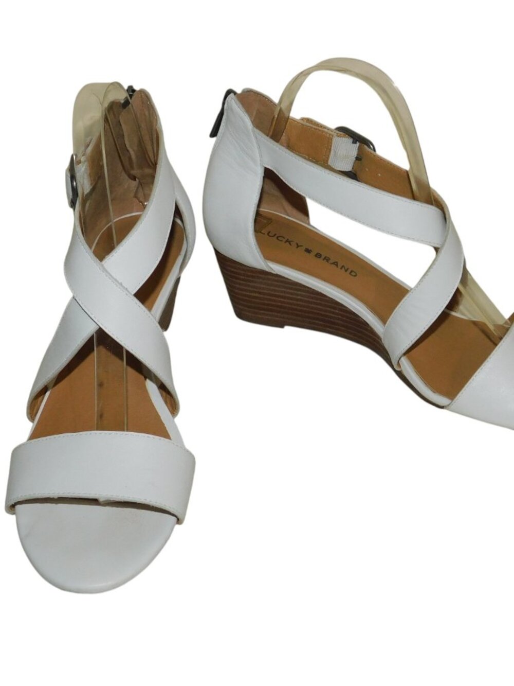 Lucky Brand Jenley Elegant White Leather Wedge Sandals Size 8.5